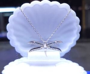 Нежно сребърно колие тип висулка стилизирано водно конче с инкрустирани камъни кубичен цирконий. Дължина на верижката по избор.Сребро 925
